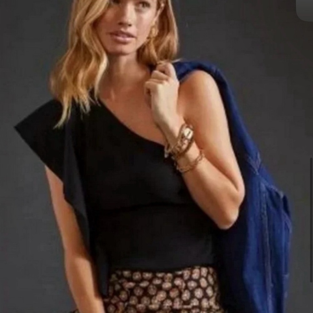 Anthropologie One Shoulder Ruffle Sleeve Black Top